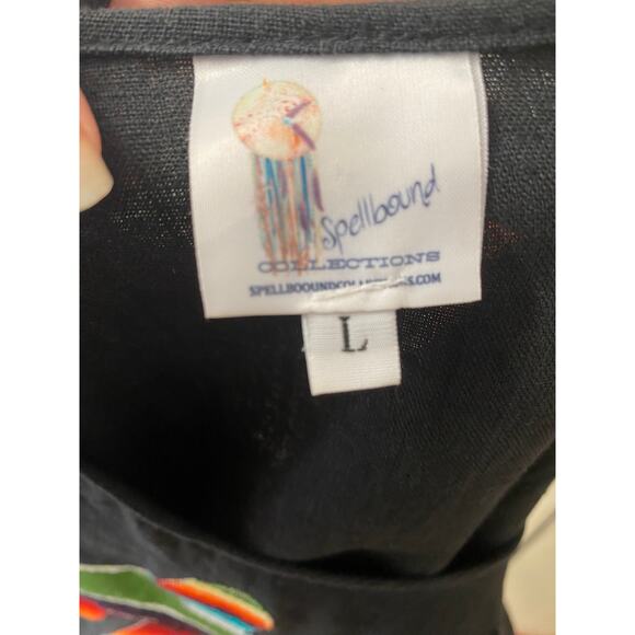 black linen southwestern blouse with serape eagle bell sleeve top raw hem med - Picture 2 of 8